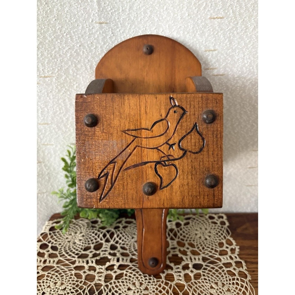 Vintage Handmade Folk Art Wooden Wall Pocket Mail Holder Carved Bird Primitive